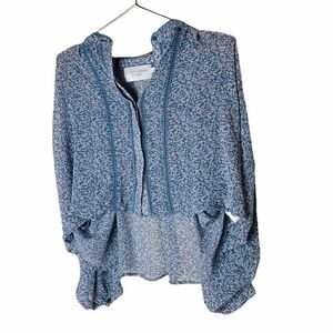 EUC Elizabeth Crosby Blue Floral Sheer Peasant Blouse Small